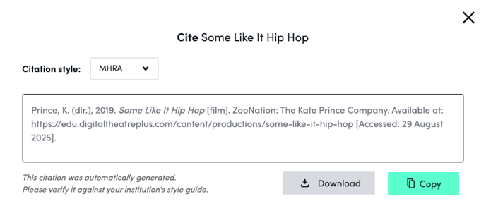 Screenshot showing the Cite modal open