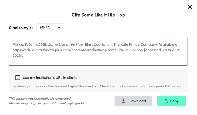 Screenshot showing the "Use my institution's URL in citation" option for proxy users