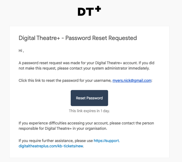 Screenshot of password reset email