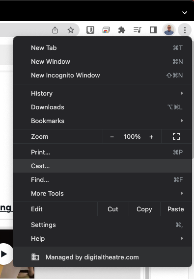 Chrome More Menu with Cast highlighted