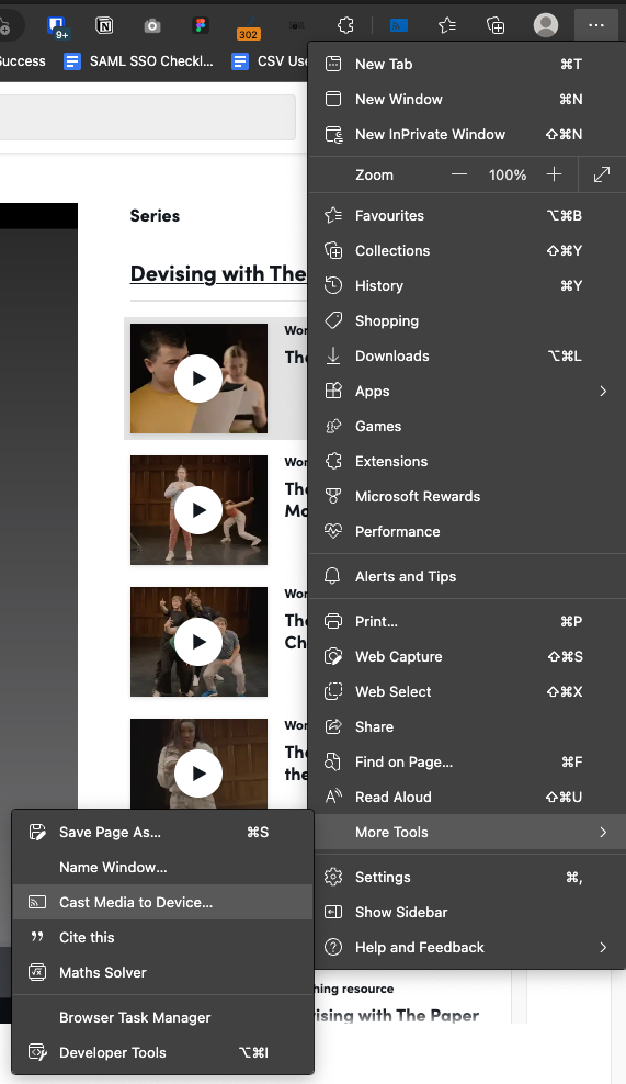 Microsoft Edge more menu showing More Tools and Cast Media to Device highlighted