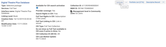 Screenshot of the Digital Theatre+ collection in Alma with the mouse pointer hovering over the activate button