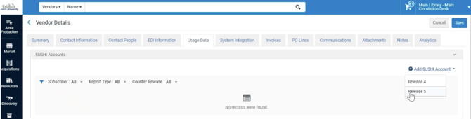 Screenshot showing the Usage Data tab for a Vendor, with Release 5 active in the Add SUSHI Account menu
