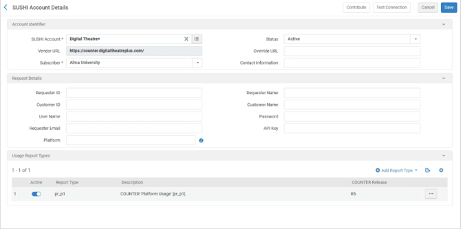 Screenshot showing the base SUSHI Account Details form in Alma